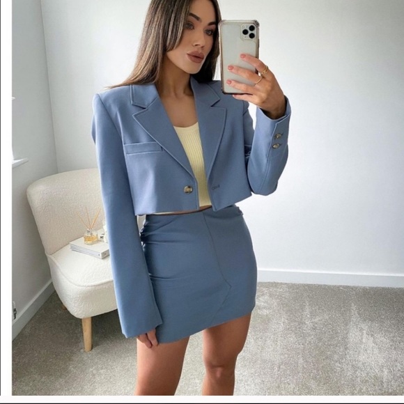 ZARA 2 Piece Topstitched Blazer + Skirt Blue L - Picture 2 of 12